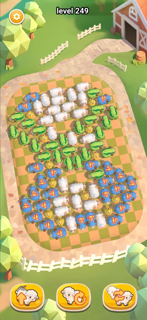 Sheep Dash -Farm Animal Escape - No nível 249, os usuários descobrem um desafio único com ovelhas vestidas de Superman e melancias com rosto como parte dos 'animais', adicionando um toque lúdico e diversificado à jogabilidade.