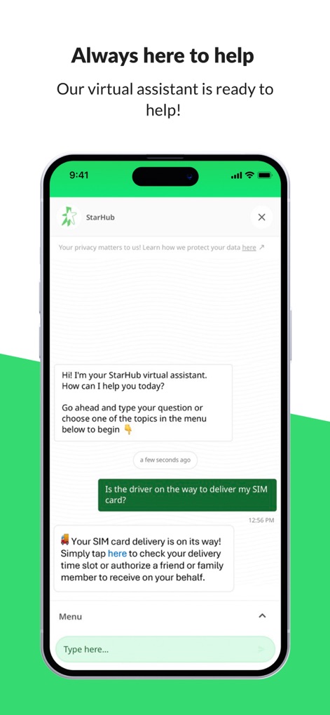 StarHub App - La aplicación incorpora un asistente virtual inteligente que interactúa mediante una conversación de chat y ofrece opciones de menú contextuales para responder preguntas y proporcionar soporte eficiente.