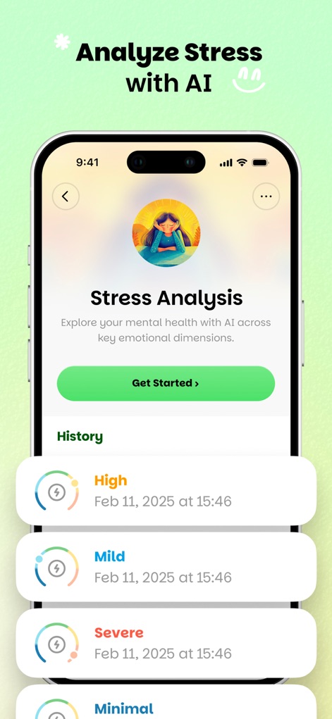 Wellify - Simplify Wellness - Los usuarios pueden realizar un análisis de estrés asistido por IA, obteniendo una evaluación de su salud mental y un historial visual de sus niveles de estrés a lo largo del tiempo.