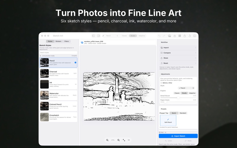 Six sketch styles with detail sliders