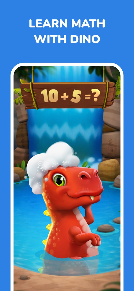 Intellecto Kids Learning Games - Los usuarios aprenderán conceptos matemáticos básicos en un entorno lúdico, representado por un dinosaurio amigable en un río con cascadas y un cartel de madera que presenta una operación aritmética.