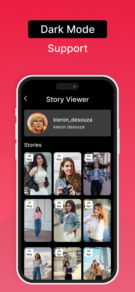 InstaSaver - Video Saver - Experience content viewing with the app's integrated Dark Mode, presenting a contrasted profile viewer and a grid of stories for comfortable browsing.