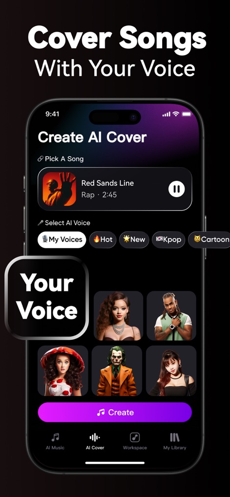 SingUp: AI Music Generator - This tool enables users to create AI covers of popular tracks, effortlessly swapping vocals with a custom voice or selecting from diverse AI vocal personas like "Kpop" or "Cartoon."