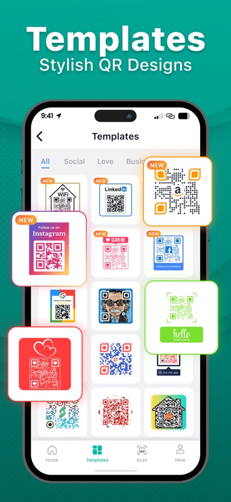 QR Code Reader & Scanner Pro - Users can access a diverse collection of stylish QR code templates, efficiently organized by categories like 'Social' and 'Business' for quick selection.