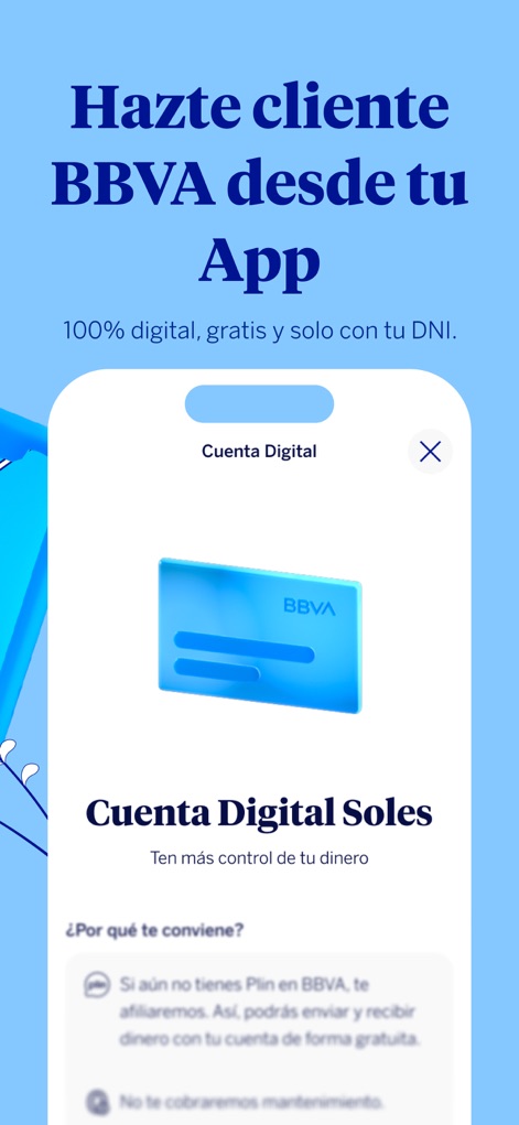 BBVA Perú | Banca Móvil - 「Cuenta Digital Soles」の表示があるBBVAデジタルカードのビジュアルと、100%デジタルで口座開設が可能なプロセスが示されており、新規顧客登録の容易さを強調しています。