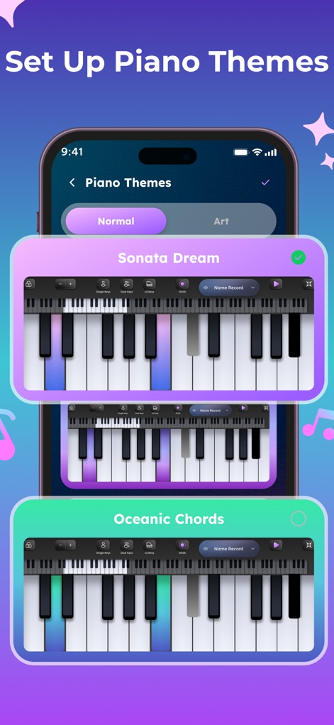 Trioplay: Piano - Learn & Game - Customize the aesthetic of the app by selecting from diverse 'Normal' and 'Art' theme categories, featuring unique keyboard designs such as 'Sonata Dream' and 'Oceanic Chords'.