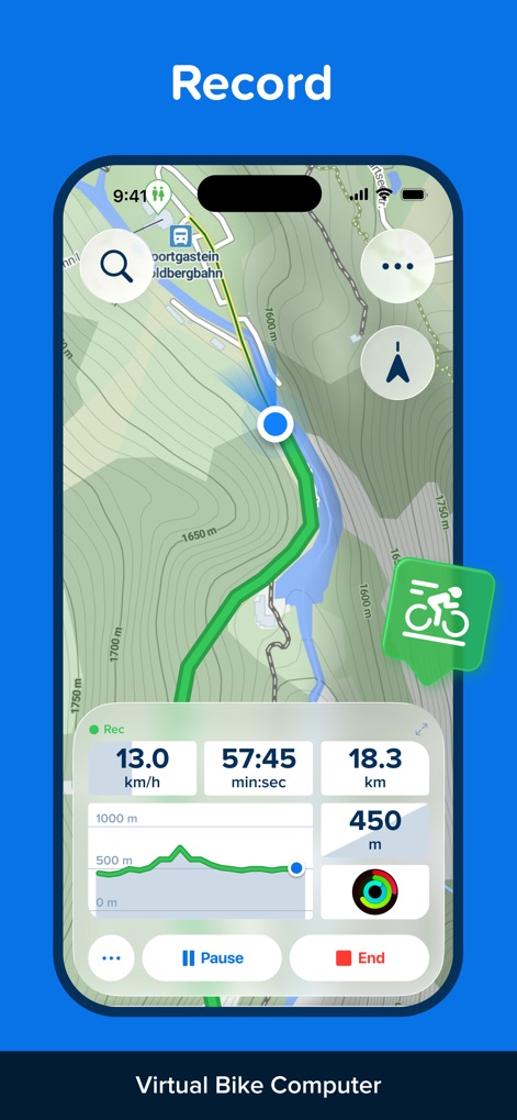 Bikemap: Bicycle Tracker & GPS - A interface exibe um painel de computador de bordo virtual com métricas como velocidade e tempo, e um gráfico de elevação em tempo real detalha o perfil altimétrico da rota.