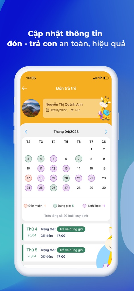 vnEdu Connect - The app offers comprehensive pickup and drop-off records, allowing users to track punctuality and view attendance summaries within a calendar interface.