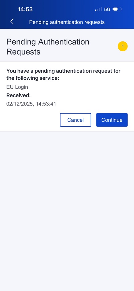 EU Login - The details of a pending authentication request are displayed, offering clear 'Cancel' and 'Continue' buttons for users to manage their access.