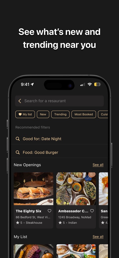 ResX - Discover new and trending culinary experiences using refined search filters and visual previews of new openings and recommended dining spots.
