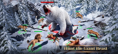 Beast Lord: The New Land - Witness intense combat against powerful giant beasts, set in a stark snowy environment, where red health bars and visual blood effects emphasize the ferocity of the encounters.