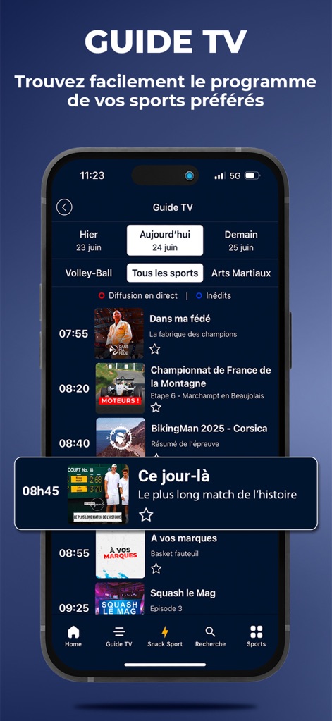 Sport en France - This comprehensive 'Guide TV' allows users to effortlessly navigate daily schedules using date selection tabs ('Hier', 'Aujourd'hui', 'Demain') and refine their view with filters for 'Diffusion en direct' or 'Inédits' content.
