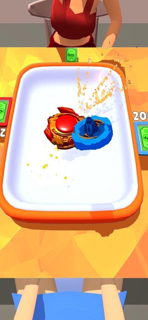 Spinner Merge - Observe the vibrant visual effects of the red and blue spinners clashing, with sparks and stars illustrating the intensity of each hit.