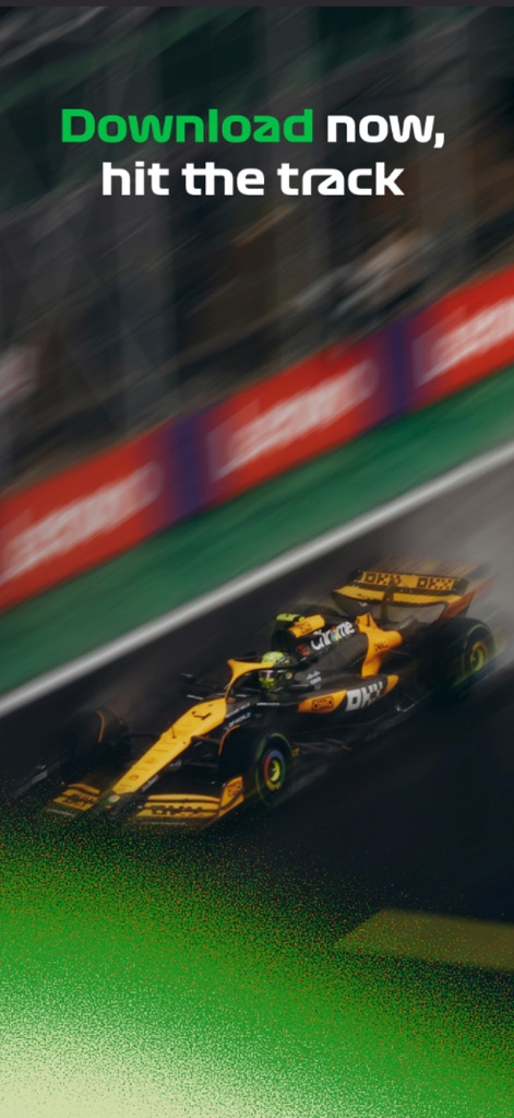 Racify - The visual encapsulates the high-speed F1 experience, with a racing car on the track and vibrant green accents reinforcing the call to 'Download now'.