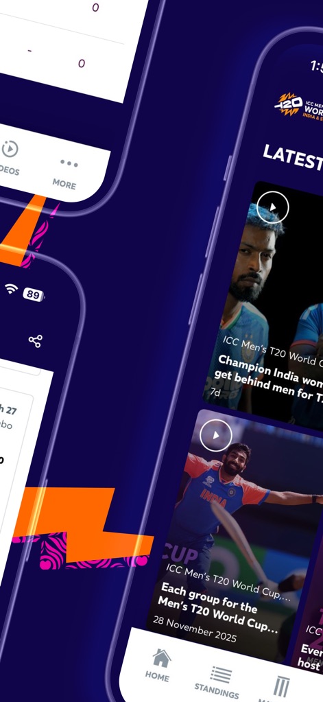 ICC Official - The app highlights the "LATEST UPDATES" section, showcasing a rich array of video thumbnails and headlines for immersive content consumption.