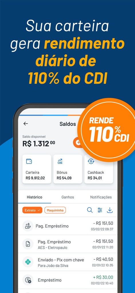 RecargaPay: Pix Cartão e Conta - Esta captura de pantalla muestra claramente el saldo disponible de R$ 1.312,00, junto con la promesa de un rendimiento del 110% del CDI para la cartera de los usuarios.