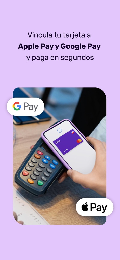 Prex Chile - Cuenta Digital - Esta imagem ilustra a integração do aplicativo com métodos de pagamento modernos, exibindo o logo 'G Pay' e o logo 'Apple Pay' como opções para transações rápidas.