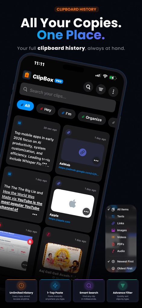 ClipBox – Copy & Paste Manager - The app's central hub displays a rich "clipboard history" with various content types, and users can easily refine their search using the advanced "filter options" shown on the right.