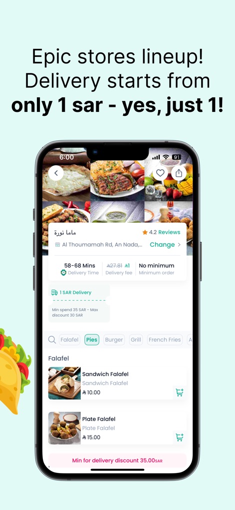Mr Mandoob | Anything Delivery - Esta pantalla detalla una tienda específica, "Mama Nora", mostrando un tiempo de entrega de "58-68 Minutos" y un costo de envío desde "1 SAR", con una lista de ítems disponibles.