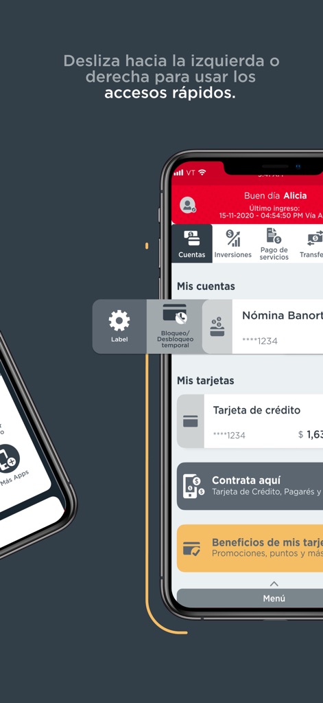 Banorte Movil - Esta interfaz optimiza la navegación con una función de deslizar para accesos rápidos a operaciones frecuentes, complementada por una vista clara de 'Mis cuentas' y 'Mis tarjetas' directamente desde la pantalla principal para una gestión ágil.