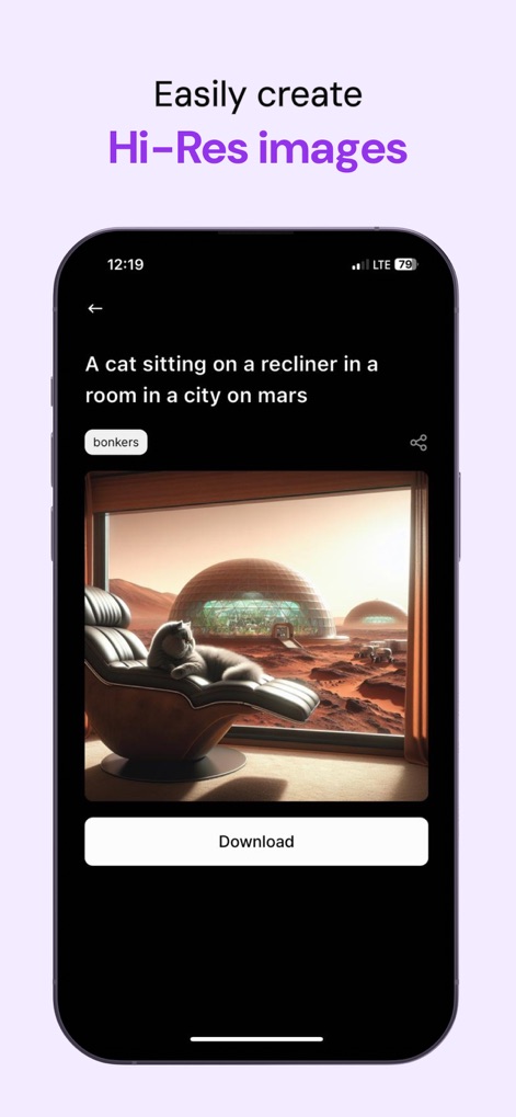 Merlin AI: AI Chat Assistant - This screenshot demonstrates the app's capability to produce a detailed, high-resolution image based on a prompt and offers a convenient "Download" option for saving the output.