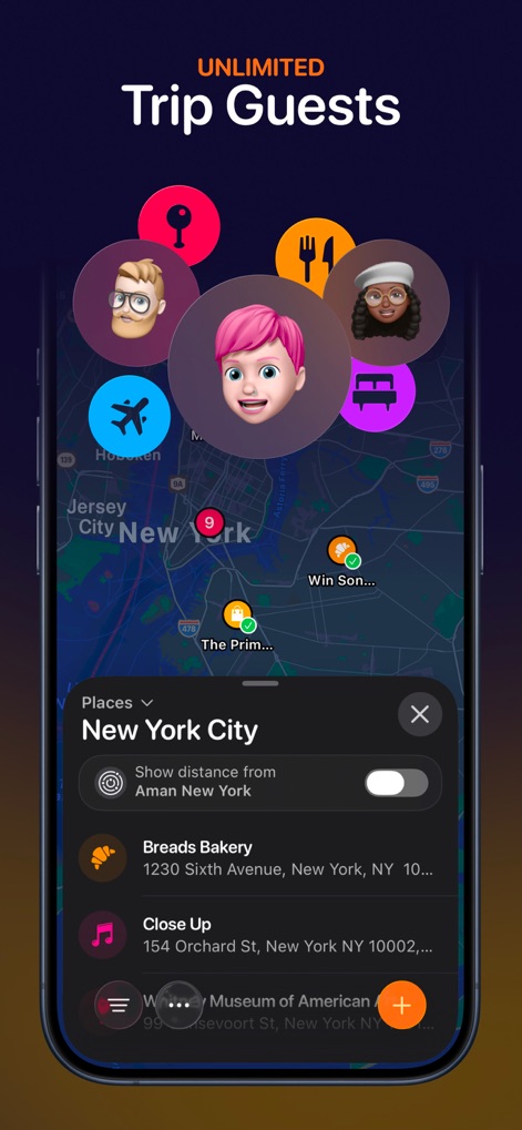 Tripsy: Travel Planner - See how the app facilitates "UNLIMITED Trip Guests" and collaborative planning, visually represented by multiple user avatars on the map and shared "Places" lists.