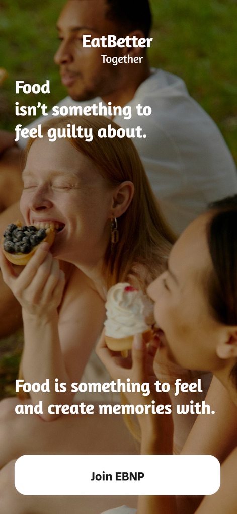 EatBetter: AI Food Journal - The app promotes a healthy relationship with food, featuring imagery of users enjoying meals together and reinforcing positive emotional messaging.