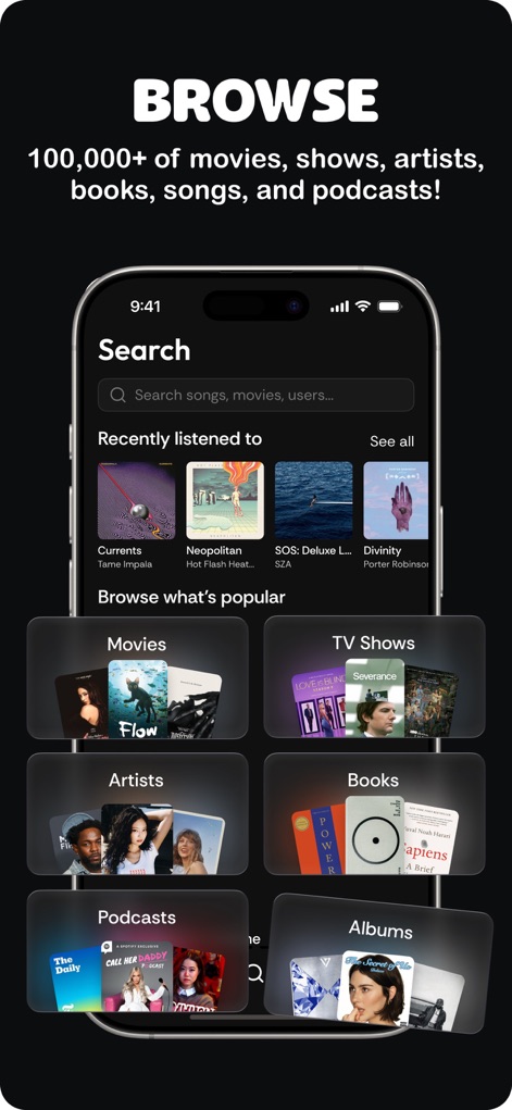 Podiums: Rate, Rank & Discover - Users can effortlessly navigate a comprehensive content library, utilizing the integrated 'Search songs, movies, users...' bar and exploring diverse media within structured categories like 'Movies' and 'TV Shows'.