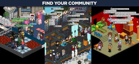 Habbo - Original Virtual World - La aplicación destaca la capacidad de encontrar comunidades, exhibiendo una diversidad de escenarios temáticos creados por usuarios y múltiples avatares agrupados en distintas interacciones sociales.