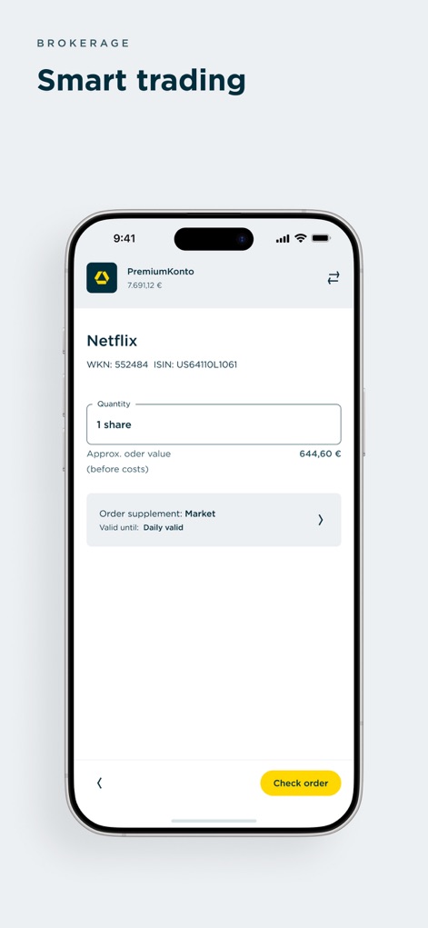 Commerzbank Banking - Anleger können hier die Menge der zu kaufenden „Netflix“-Aktien festlegen und den geschätzten „order value“ einsehen, bevor sie die Transaktion mit dem „Check order“-Button bestätigen.
