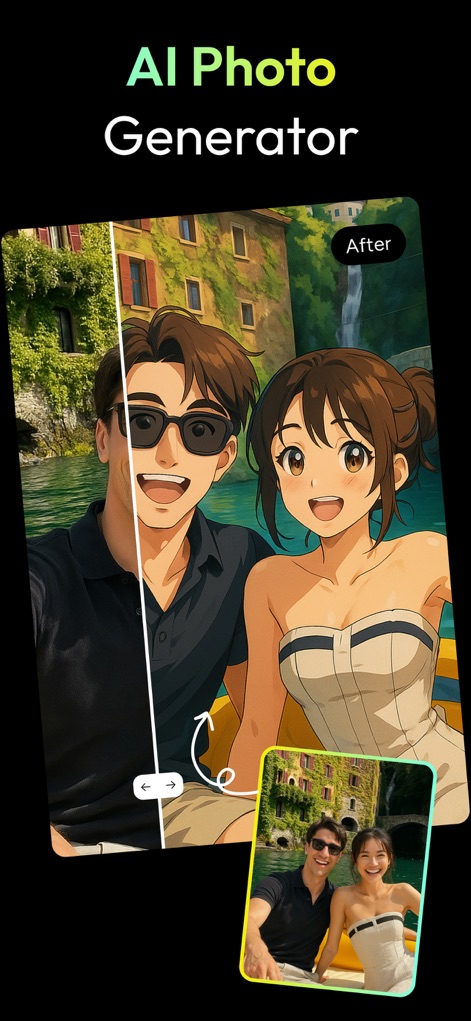AI Photo Generator - Fotorama - See how the app transforms selfies into animated styles with an intuitive before/after slider and real-time visual feedback.