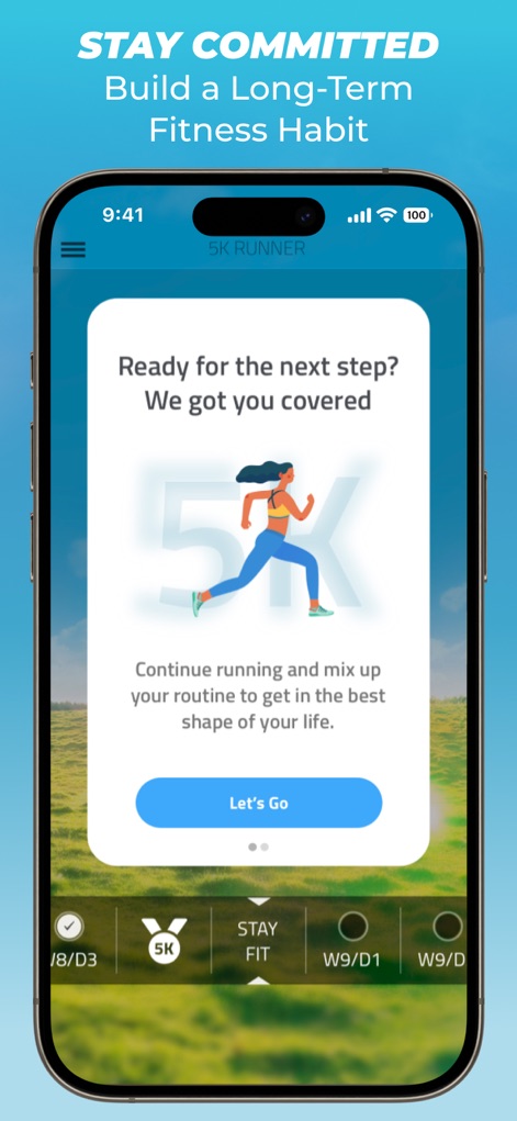 5K Runner: couch potato to 5K - Understand how the app encourages continued fitness with post-5K progression options and a supportive "next step" prompt.