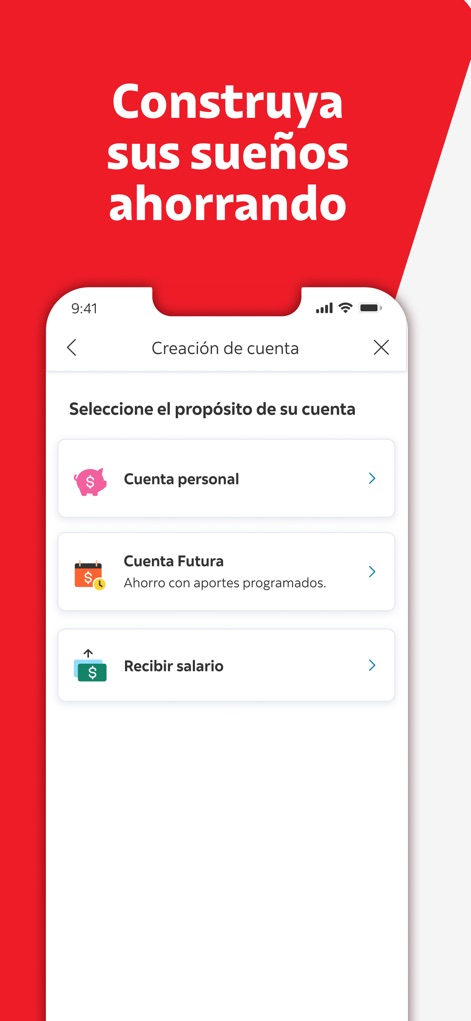 DAVIbank Costa Rica - 이 앱은 'Creación de cuenta' 인터페이스를 통해 사용자가 'Cuenta personal' 및 'Cuenta Futura'와 같은 다양한 저축 옵션을 선택하여 자신에게 맞는 금융 목표를 설정하도록 돕습니다.