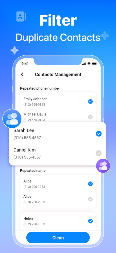 AI Cleaner : Clean Storage - Witness the app's powerful 'Contacts Management' tool as it intelligently identifies repeated phone numbers and streamlines the cleaning of duplicate contact names, enabling users to efficiently organize their address book.