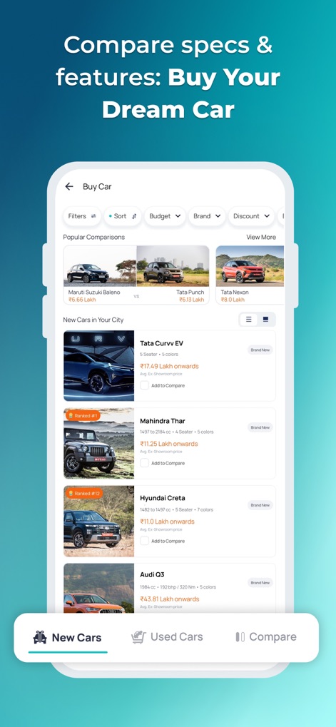 CarInfo - Vehicle Information - This section demonstrates the app's comprehensive car comparison tools, allowing users to browse 'New Cars' and 'Used Cars' with advanced filter and sort functionalities.