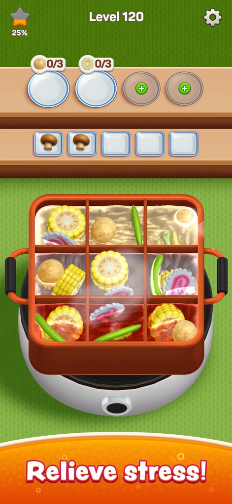 Hotpot Go - 사용자는 격자형 냄비에 담긴 옥수수와 완두콩 같은 신선한 식재료를 정렬하며, 차분하게 퍼즐을 즐길 수 있습니다.