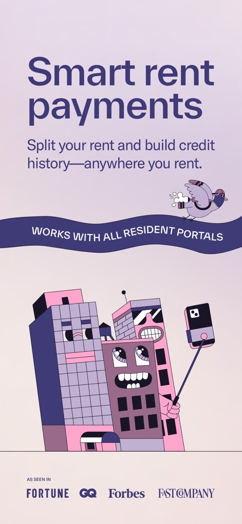 Split Pay by Rent App - See how the app enables flexible 'Smart rent payments' and highlights its broad compatibility with 'WORKS WITH ALL RESIDENT PORTALS' for hassle-free integration.