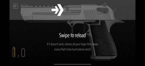 Gun Simulator - Shake to shoot - 재장전 지침은 화면 중앙의 'Swipe to reload'라는 명확한 지시와 좌측 하단의 0발 표시를 통해, 사용자가 총알을 보충하는 방법을 안내합니다.