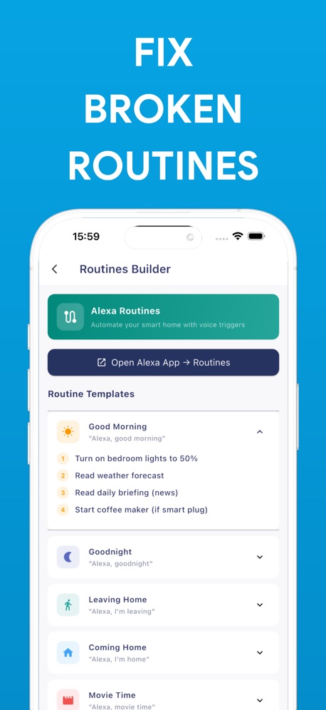 Alexa App Set Up All Echo App Store screenshot 4, headline “FIX BROKEN ROUTINES”. Leads with a problem.