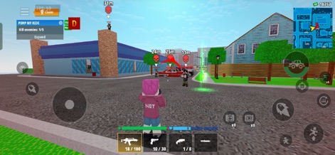 Block City Wars: Mafia Town - Os jogadores podem engajar-se em um combate pixelado e direto, enfrentando múltiplos inimigos marcados com indicadores visíveis.