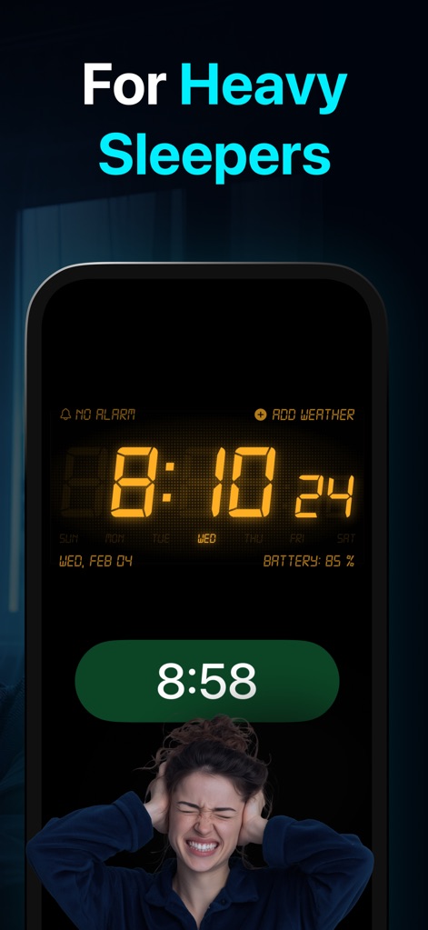 Alarm Clock HD - Diseñada para aquellos con sueño profundo, la aplicación presenta una alarma con una pantalla digital naranja y un horario de alarma configurado a las 8:58.