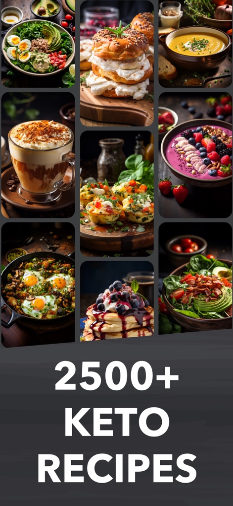 Keto Diet App & Recipes - 이 앱은 2500가지 이상의 다양한 케토 레시피를 시각적으로 보여주며, 다채로운 케토 요리 이미지와 '2500+ KETO RECIPES' 문구를 통해 풍부한 식사 아이디어를 제공합니다.