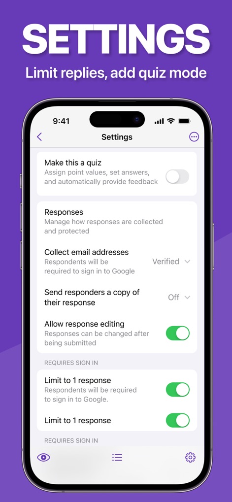 Forms ® - Users can fine-tune form behavior through advanced settings, such as enabling 'quiz mode' functionality and implementing a 'limit to 1 response' restriction.