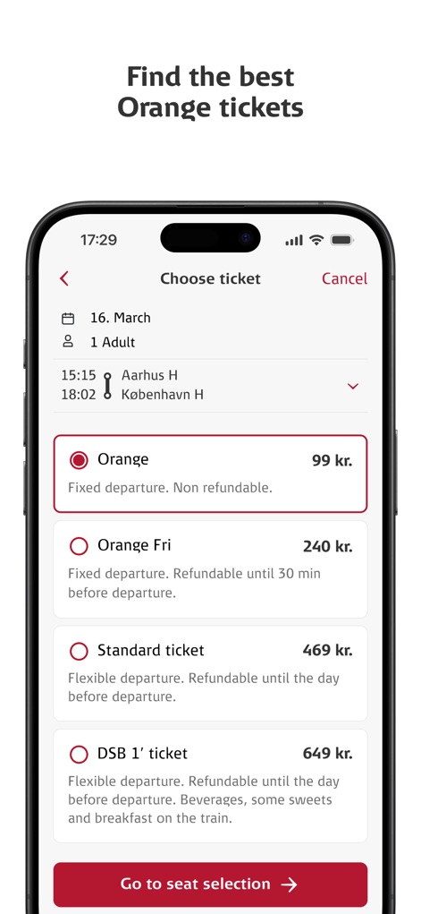 DSB - Explore the range of flexible ticketing choices, from the affordable 'Orange' fares to premium 'DSB 1'' options, all clearly displayed with their respective prices and conditions.