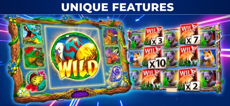 Jackpot Buffalo Slots - O aplicativo apresenta funcionalidades distintas como símbolos "WILD" temáticos de dinossauros e multiplicadores de ganhos exibindo koalas e dingos.