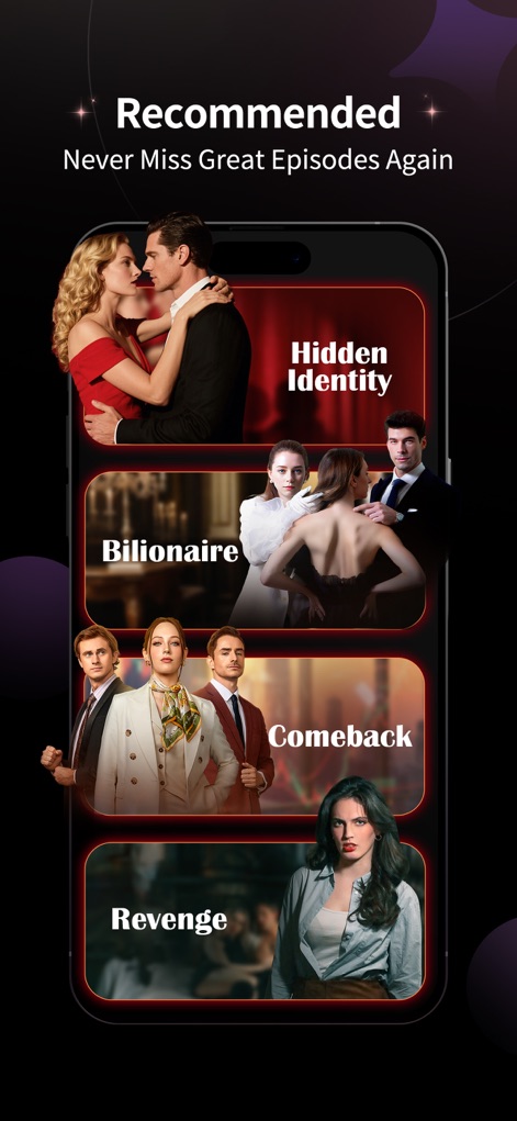 MoboShort - Dramas & Movies - La sezione "Recommended" (raccomandati) (X) suggerisce agli utenti serie basate sui loro gusti, con titoli accattivanti come "Hidden Identity" e "Revenge" (Y), assicurando che non perdano mai grandi episodi.