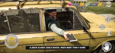 Police Simulator Border Patrol - La aplicación simula la verificación minuciosa de documentos, observando al hombre en el coche amarillo oxidado presentando una tarjeta y el habitáculo detallado del vehículo.