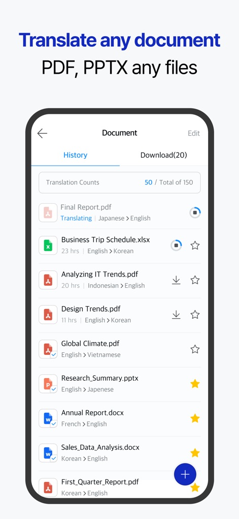 Papago Plus - Users can manage translations for various document formats like PDF and XLSX, with clear indicators for translation status and download options.