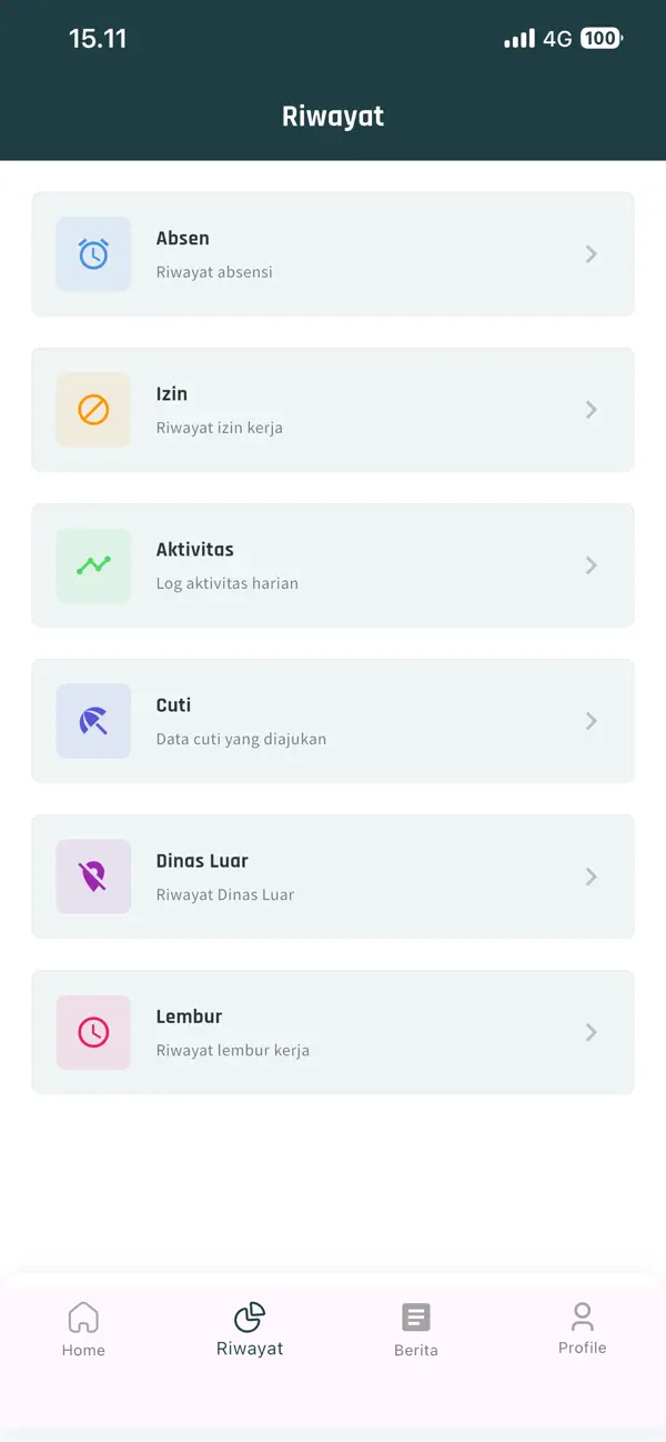 Riwayat absensi, izin, aktivitas, cuti, dinas luar, dan lembur