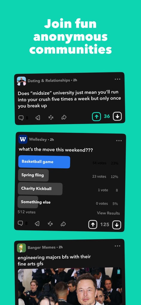 Yik Yak - La aplicación permite a los usuarios compartir pensamientos anónimamente, como se ve en el feed de publicaciones con opciones de 'upvote' y 'downvote', e interactuar con encuestas en tiempo real que muestran porcentajes de votos.